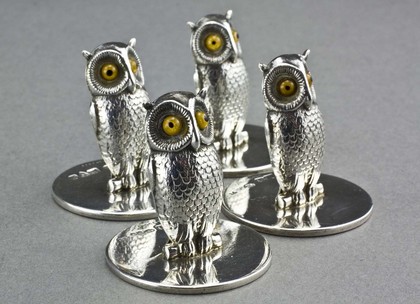 Sampson Mordan Antique Silver Owl Menu Holders (set of 4)